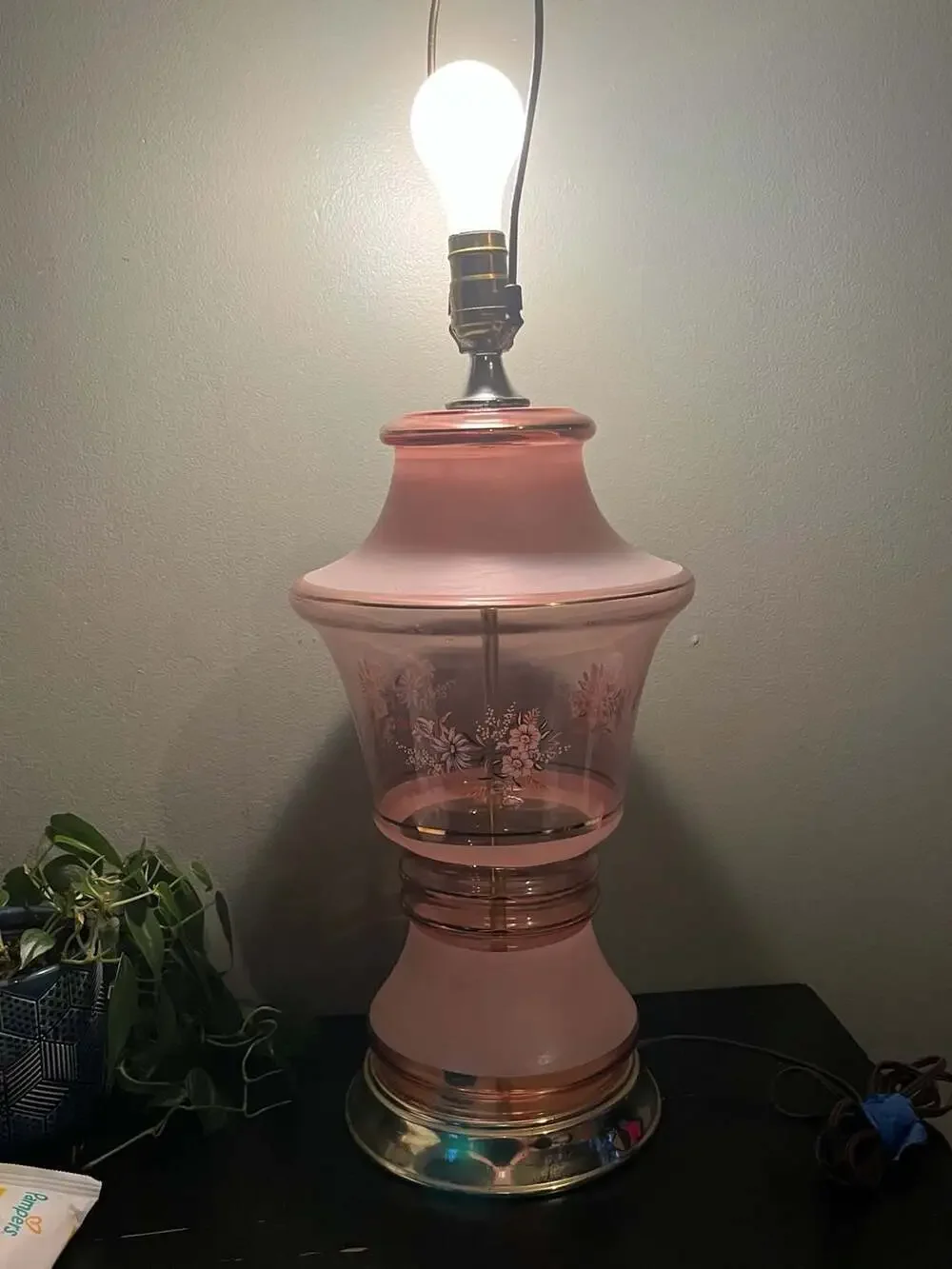 Vintage Pink Glass Floral Painted Table Lamp